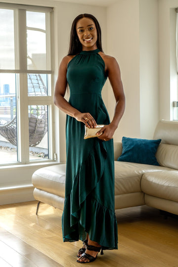 Green Crepe Halter Neck Wrap Front Frill Maxi Dress Double Second